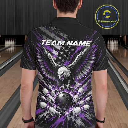 Custom Black And Purple Patriotic Eagle Bowling League Men Polo Shirt, Team Jersey IPHW12356
