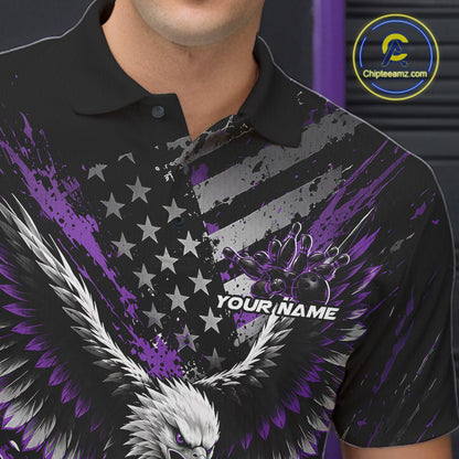 Custom Black And Purple Patriotic Eagle Bowling League Men Polo Shirt, Team Jersey IPHW12356