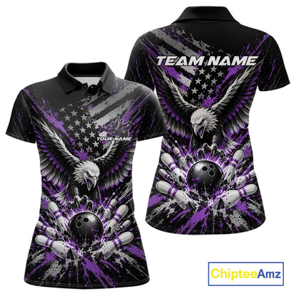 Custom Black And Purple Patriotic Eagle Bowling League Women Polo Shirt, Team Jersey IPHW12356