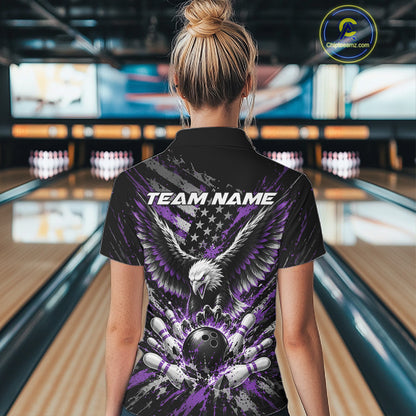 Custom Black And Purple Patriotic Eagle Bowling League Women Polo Shirt, Team Jersey IPHW12356