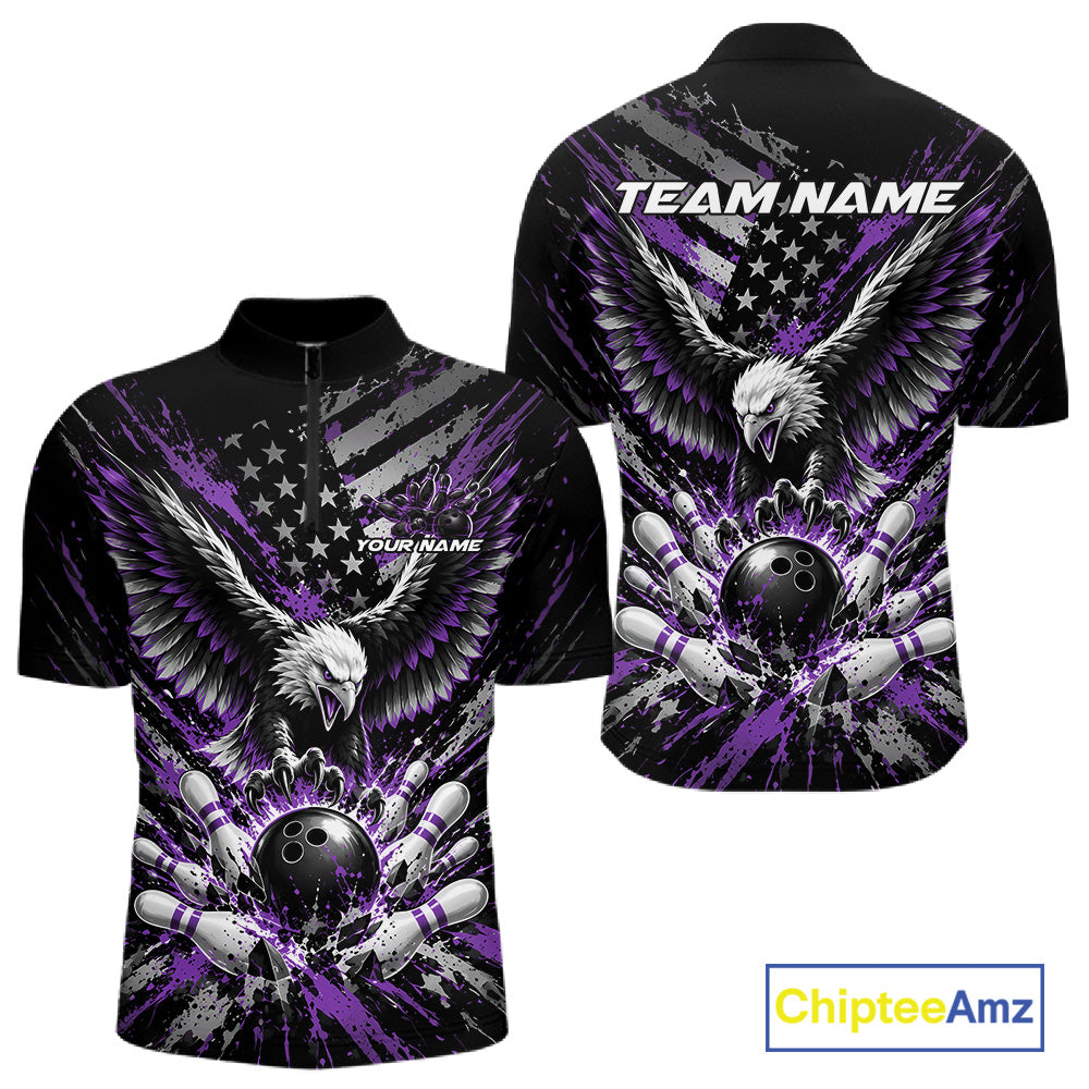 Custom Black And Purple Patriotic Eagle Bowling League Men Quarter Zip Shirt, Team Jersey IPHW12356