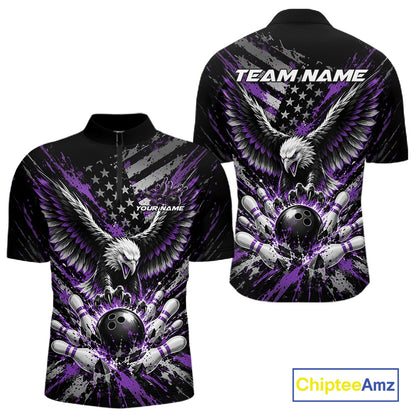 Custom Black And Purple Patriotic Eagle Bowling League Men Quarter Zip Shirt, Team Jersey IPHW12356