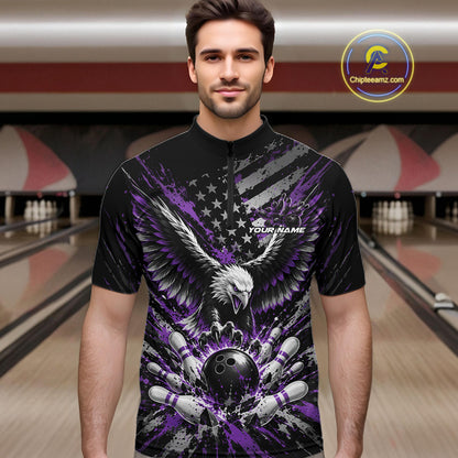 Custom Black And Purple Patriotic Eagle Bowling League Men Quarter Zip Shirt, Team Jersey IPHW12356