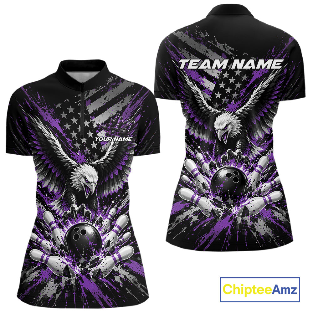 Custom Black And Purple Patriotic Eagle Bowling  Women Quarter-Zip Shirt, Team Jersey IPHW12356
