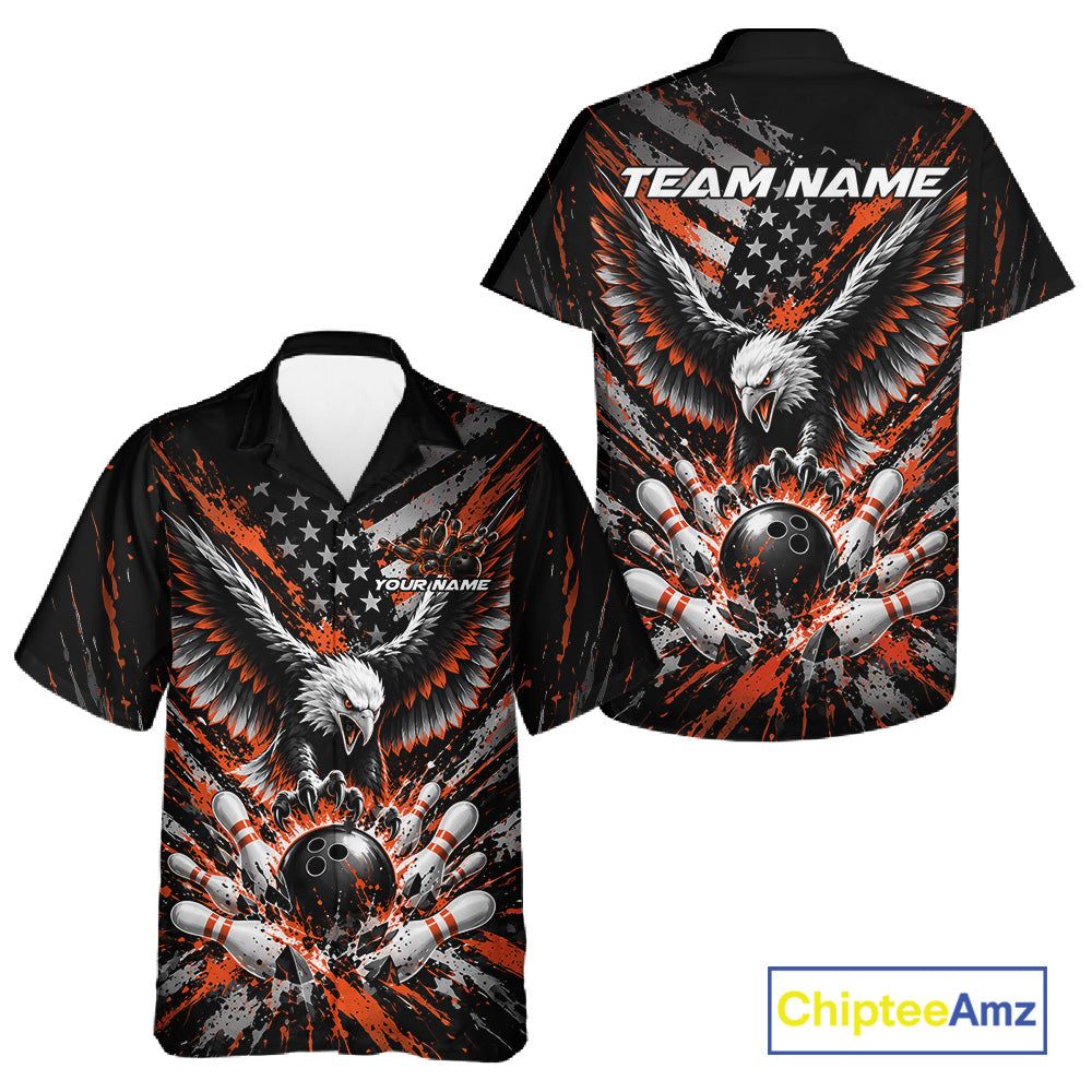 Custom Black And Orange Patriotic Eagle Bowling League Men And Women Button Up Shirt, Team Jersey IPHW12357