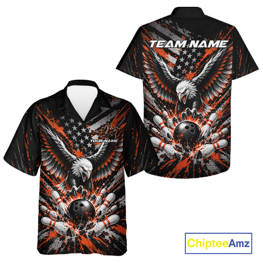 Custom Black And Orange Patriotic Eagle Bowling League Men And Women Button Up Shirt, Team Jersey IPHW12357