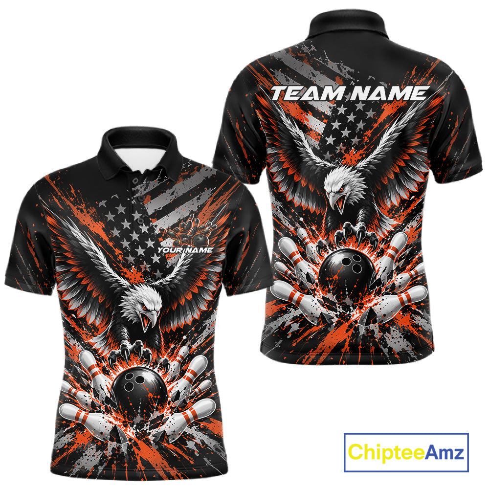 Custom Black And Orange Patriotic Eagle Bowling League Men Polo Shirt, Team Jersey IPHW12357