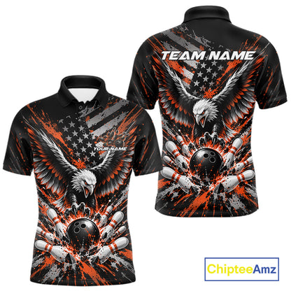 Custom Black And Orange Patriotic Eagle Bowling League Men Polo Shirt, Team Jersey IPHW12357