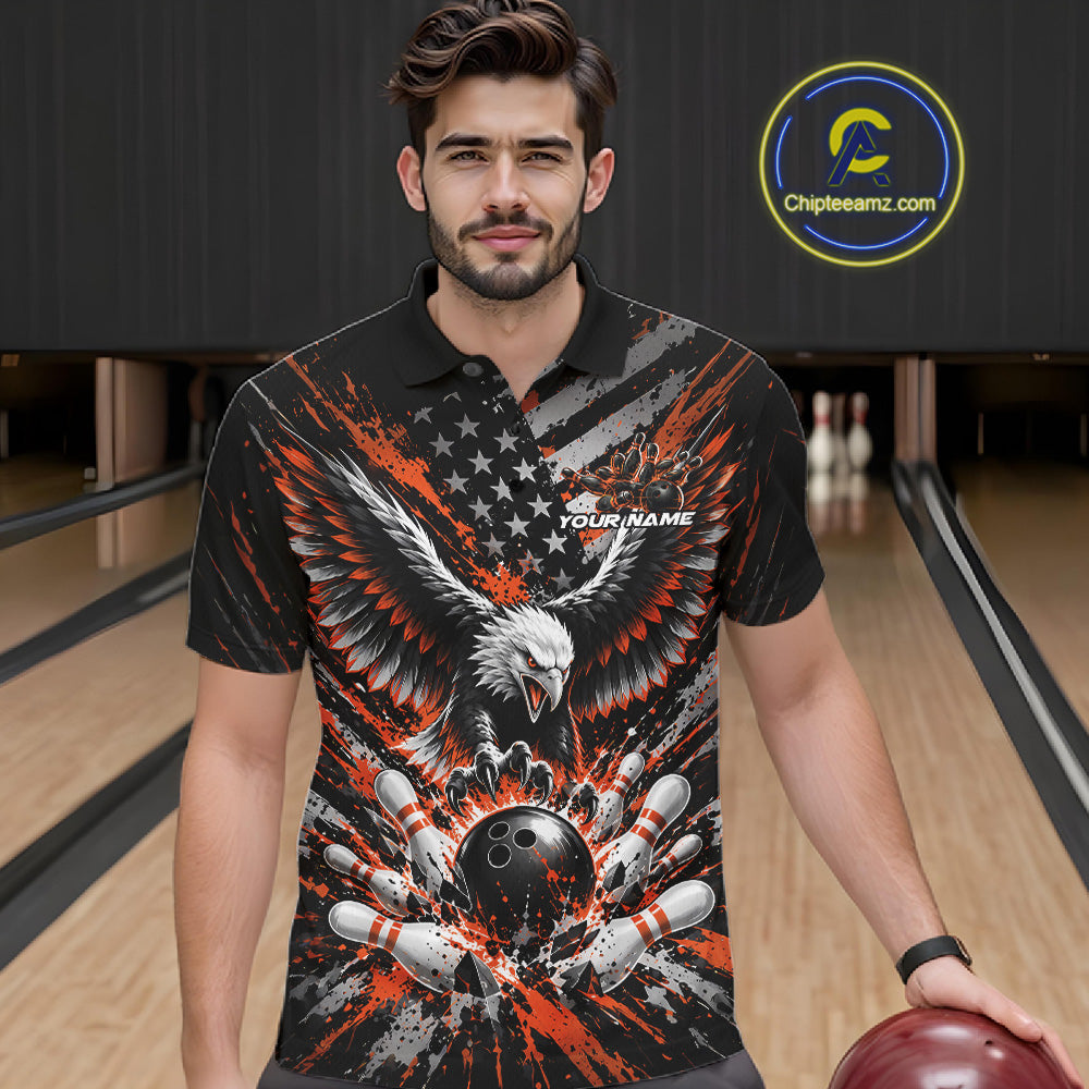 Custom Black And Orange Patriotic Eagle Bowling League Men Polo Shirt, Team Jersey IPHW12357