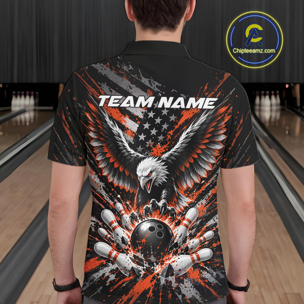 Custom Black And Orange Patriotic Eagle Bowling League Men Polo Shirt, Team Jersey IPHW12357