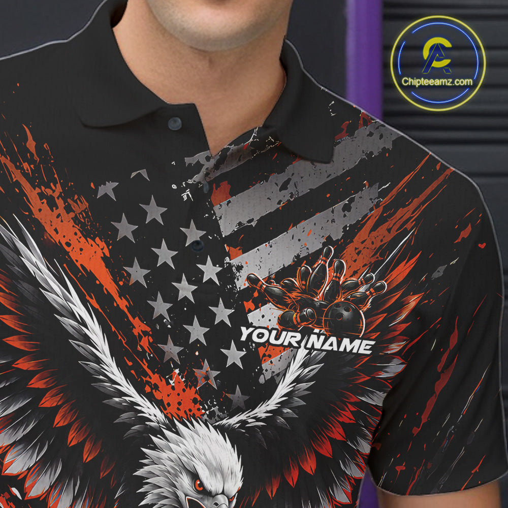 Custom Black And Orange Patriotic Eagle Bowling League Men Polo Shirt, Team Jersey IPHW12357
