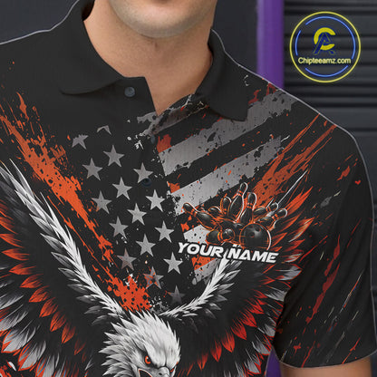 Custom Black And Orange Patriotic Eagle Bowling League Men Polo Shirt, Team Jersey IPHW12357