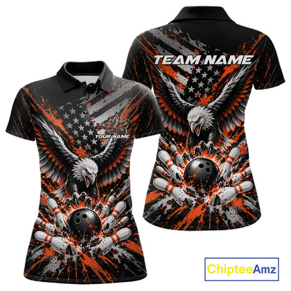 Custom Black And Orange Patriotic Eagle Bowling League Women Polo Shirt, Team Jersey IPHW12357