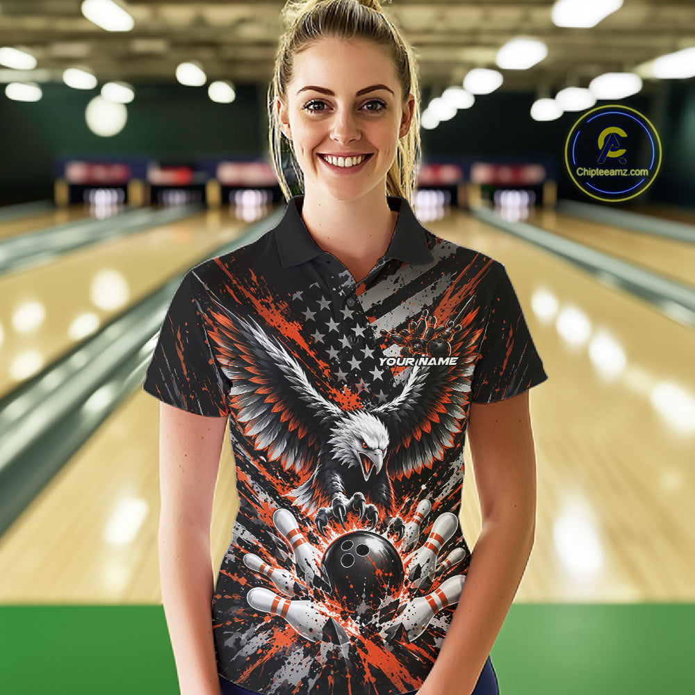 Custom Black And Orange Patriotic Eagle Bowling League Women Polo Shirt, Team Jersey IPHW12357