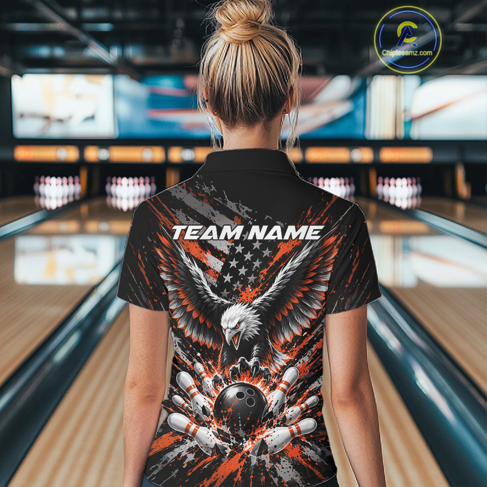 Custom Black And Orange Patriotic Eagle Bowling League Women Polo Shirt, Team Jersey IPHW12357