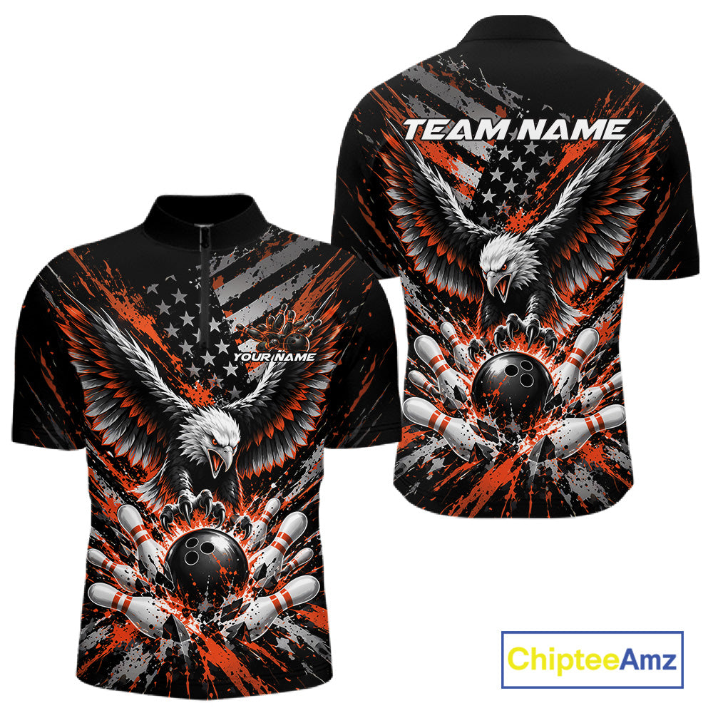 Custom Black And Orange Patriotic Eagle Bowling League Men Quarter Zip Shirt, Team Jersey IPHW12357