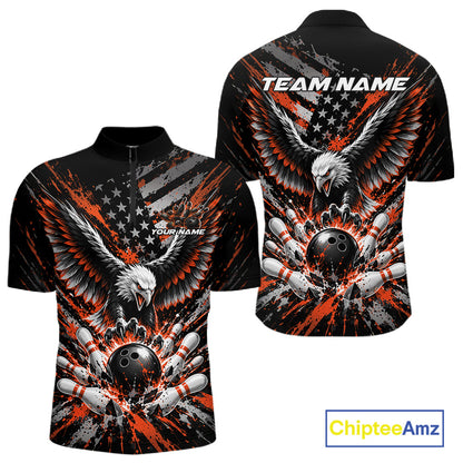 Custom Black And Orange Patriotic Eagle Bowling League Men Quarter Zip Shirt, Team Jersey IPHW12357