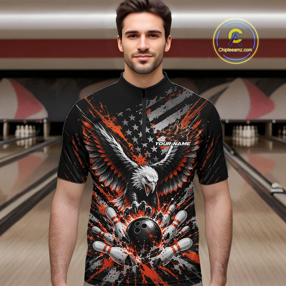 Custom Black And Orange Patriotic Eagle Bowling League Men Quarter Zip Shirt, Team Jersey IPHW12357