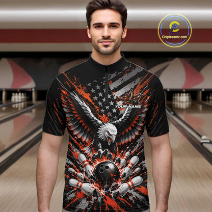 Custom Black And Orange Patriotic Eagle Bowling League Men Quarter Zip Shirt, Team Jersey IPHW12357