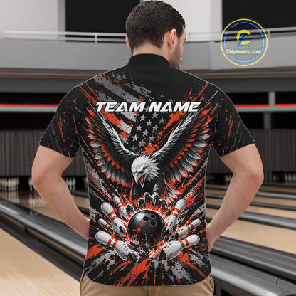Custom Black And Orange Patriotic Eagle Bowling League Men Quarter Zip Shirt, Team Jersey IPHW12357
