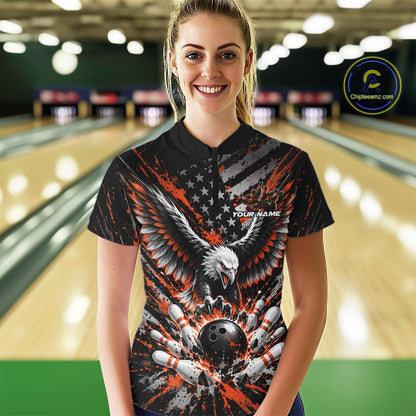 Custom Black And Orange Patriotic Eagle Bowling Women Quarter-Zip Shirt, Team Jersey IPHW12357