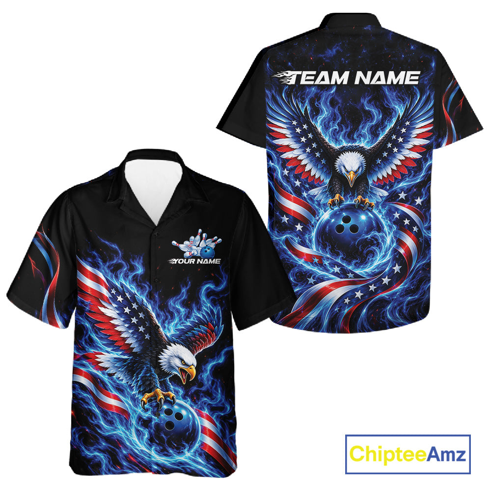 Custom Patriotic Eagle Bowling League Team Shirt, US Flag Bowling Men And Women Button Up Shirt IPHW12332
