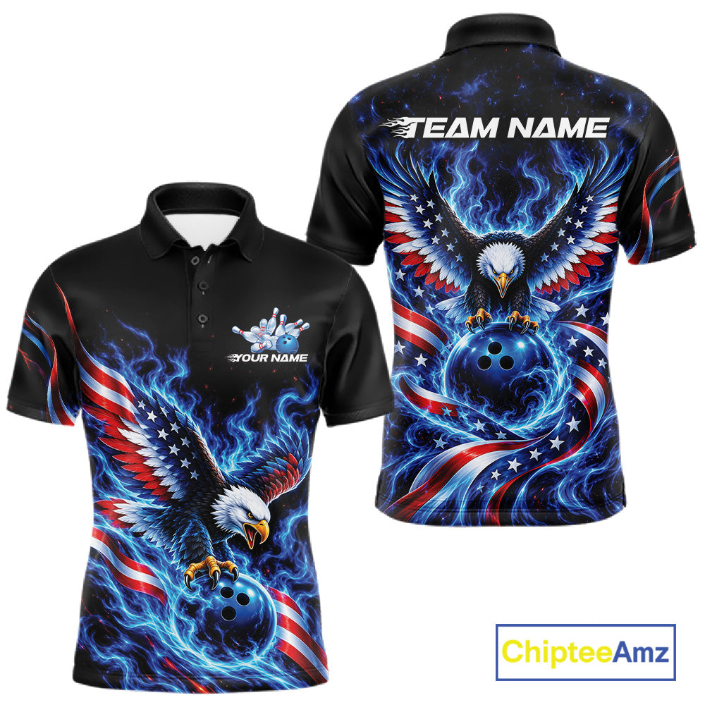 Custom Patriotic Eagle Bowling League Team Shirt, US Flag Bowling Men Polo Shirt IPHW12332