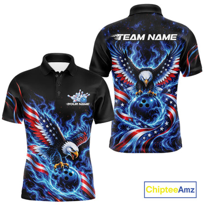 Custom Patriotic Eagle Bowling League Team Shirt, US Flag Bowling Men Polo Shirt IPHW12332