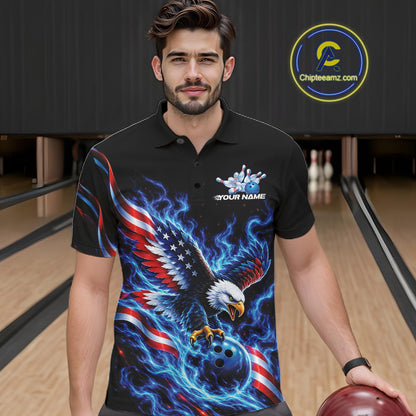 Custom Patriotic Eagle Bowling League Team Shirt, US Flag Bowling Men Polo Shirt IPHW12332