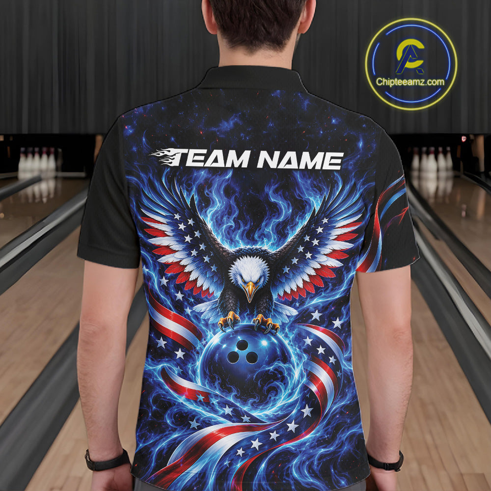 Custom Patriotic Eagle Bowling League Team Shirt, US Flag Bowling Men Polo Shirt IPHW12332