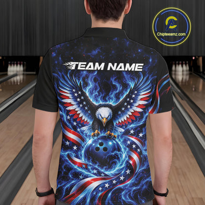 Custom Patriotic Eagle Bowling League Team Shirt, US Flag Bowling Men Polo Shirt IPHW12332