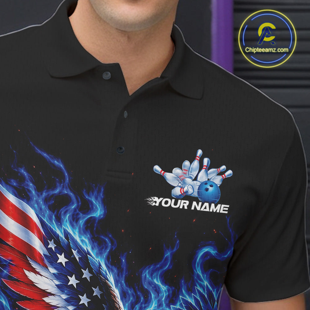 Custom Patriotic Eagle Bowling League Team Shirt, US Flag Bowling Men Polo Shirt IPHW12332