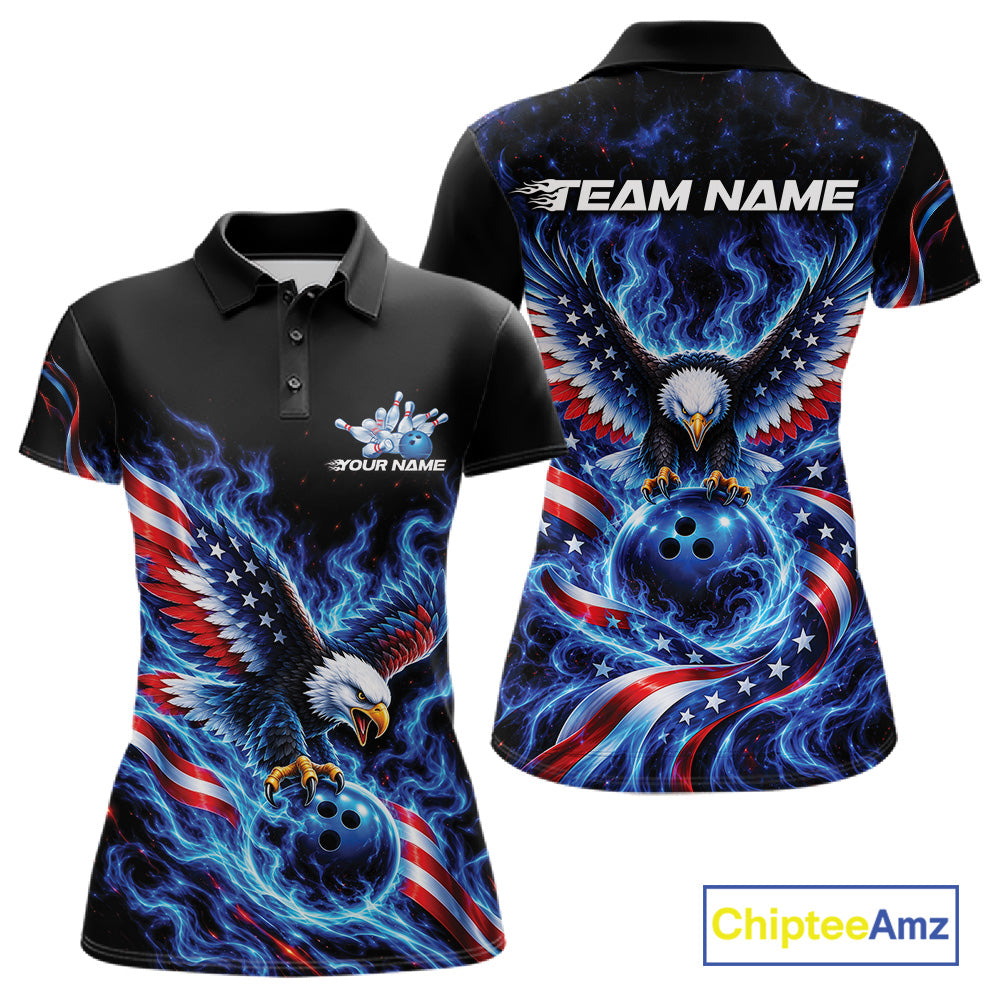 Custom Patriotic Eagle Bowling League Team Shirt, US Flag Bowling Women Polo Shirt IPHW12332