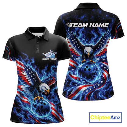 Custom Patriotic Eagle Bowling League Team Shirt, US Flag Bowling Women Polo Shirt IPHW12332