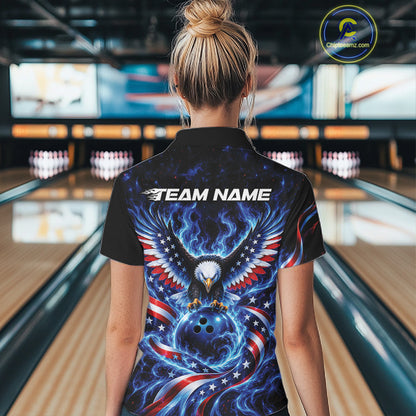 Custom Patriotic Eagle Bowling League Team Shirt, US Flag Bowling Women Polo Shirt IPHW12332