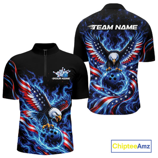 Custom Patriotic Eagle Bowling League Team Shirt, US Flag Bowling Men Quarter Zip Shirt IPHW12332