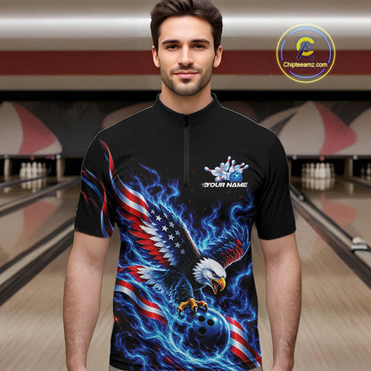 Custom Patriotic Eagle Bowling League Team Shirt, US Flag Bowling Men Quarter Zip Shirt IPHW12332