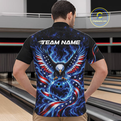 Custom Patriotic Eagle Bowling League Team Shirt, US Flag Bowling Men Quarter Zip Shirt IPHW12332