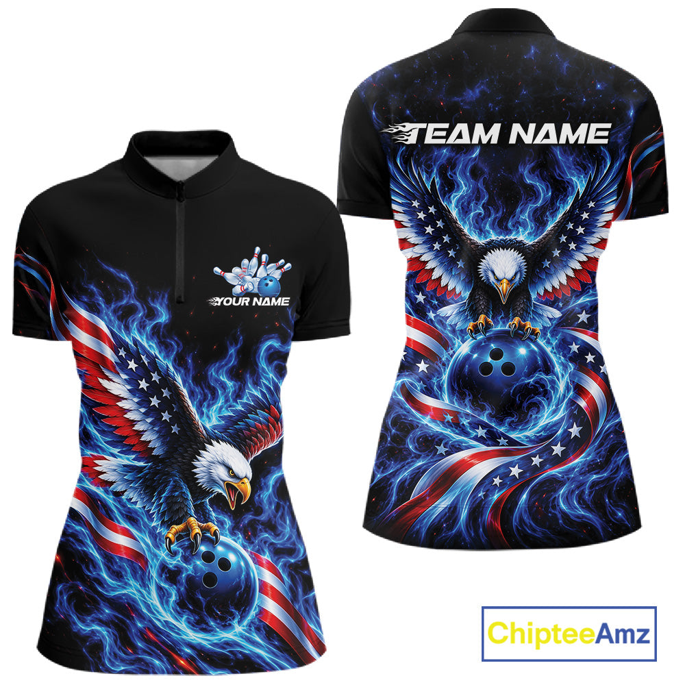 Custom Patriotic Eagle Bowling League Shirt, US Flag Bowling Women Quarter-Zip Shirt IPHW12332
