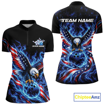 Custom Patriotic Eagle Bowling League Shirt, US Flag Bowling Women Quarter-Zip Shirt IPHW12332