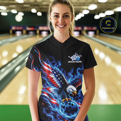 Custom Patriotic Eagle Bowling League Shirt, US Flag Bowling Women Quarter-Zip Shirt IPHW12332
