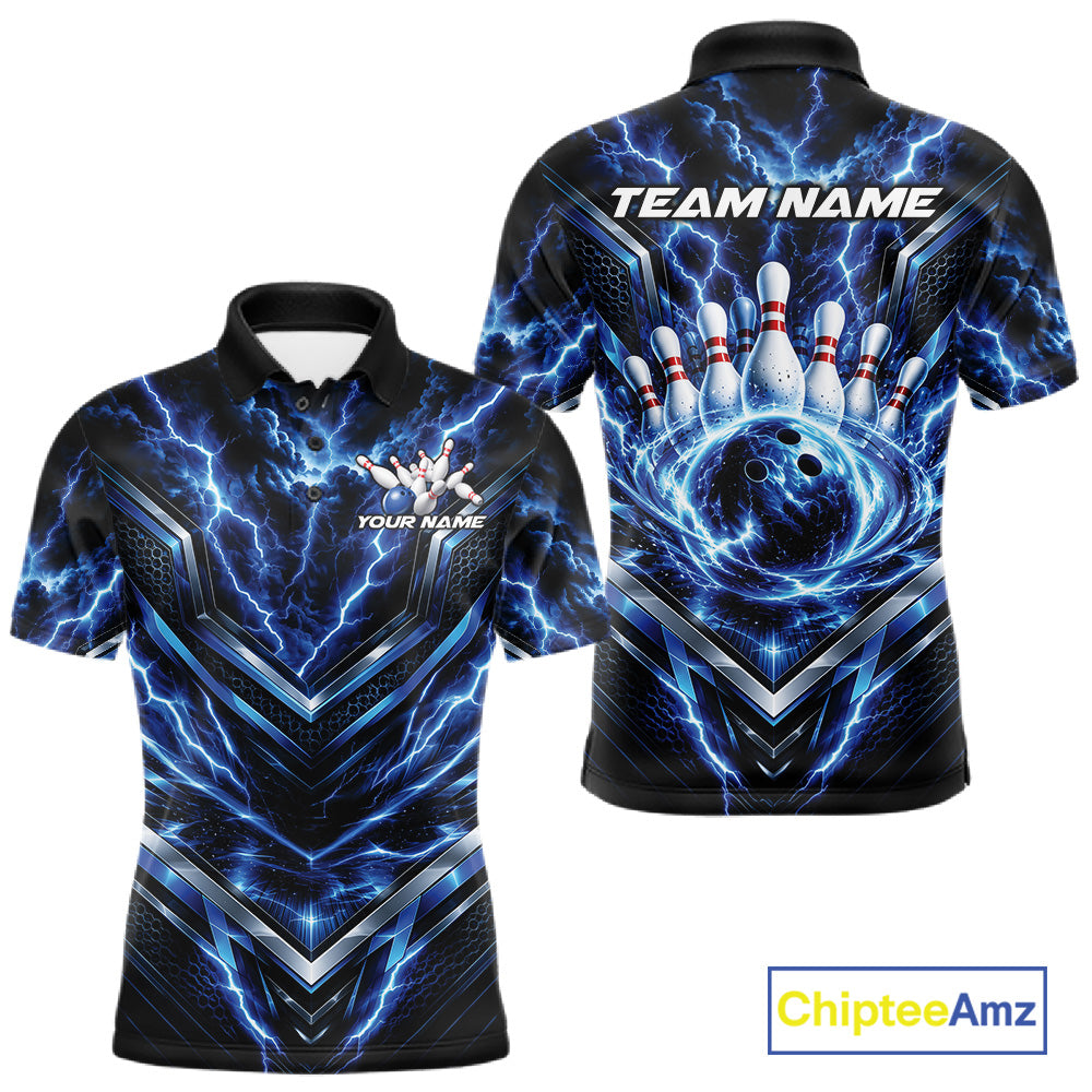 Custom Blue Lightning Bowling Team Men Polo Shirt, Matching Bowling League Shirt IPHW12334