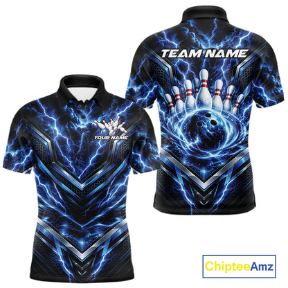 Custom Blue Lightning Bowling Team Men Polo Shirt, Matching Bowling League Shirt IPHW12334