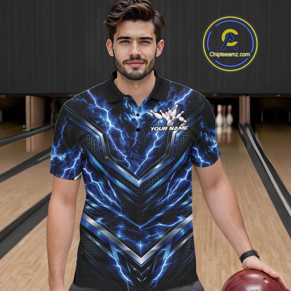 Custom Blue Lightning Bowling Team Men Polo Shirt, Matching Bowling League Shirt IPHW12334