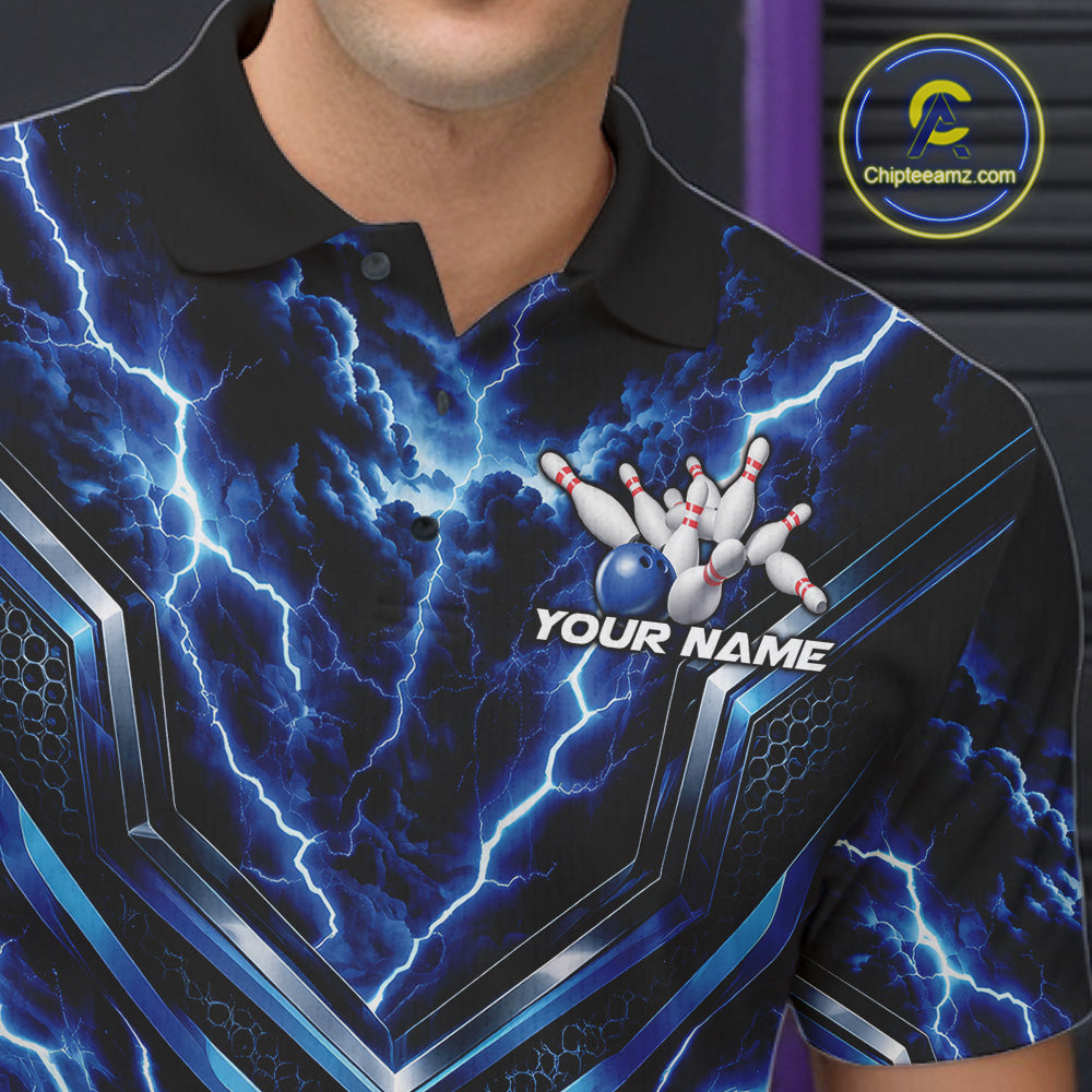 Custom Blue Lightning Bowling Team Men Polo Shirt, Matching Bowling League Shirt IPHW12334