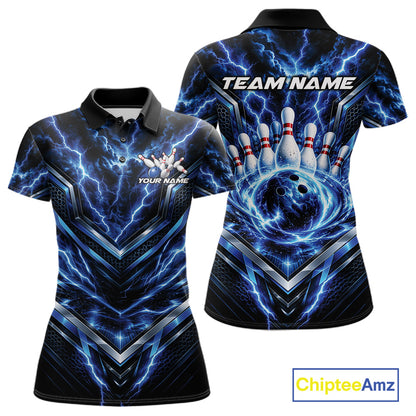 Custom Blue Lightning Bowling Team Women Polo Shirt, Matching Bowling League Shirt IPHW12334