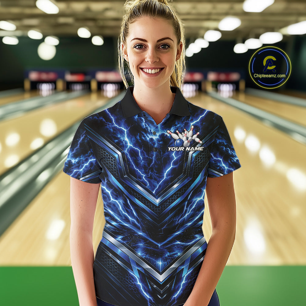 Custom Blue Lightning Bowling Team Women Polo Shirt, Matching Bowling League Shirt IPHW12334