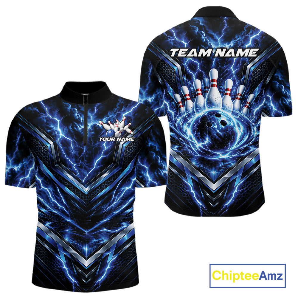 Custom Blue Lightning Bowling Team Men Quarter Zip Shirt, Matching Bowling League Shirt IPHW12334