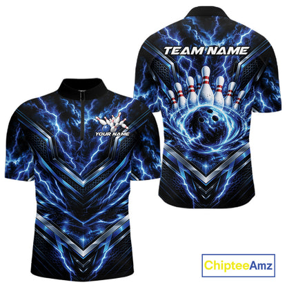 Custom Blue Lightning Bowling Team Men Quarter Zip Shirt, Matching Bowling League Shirt IPHW12334