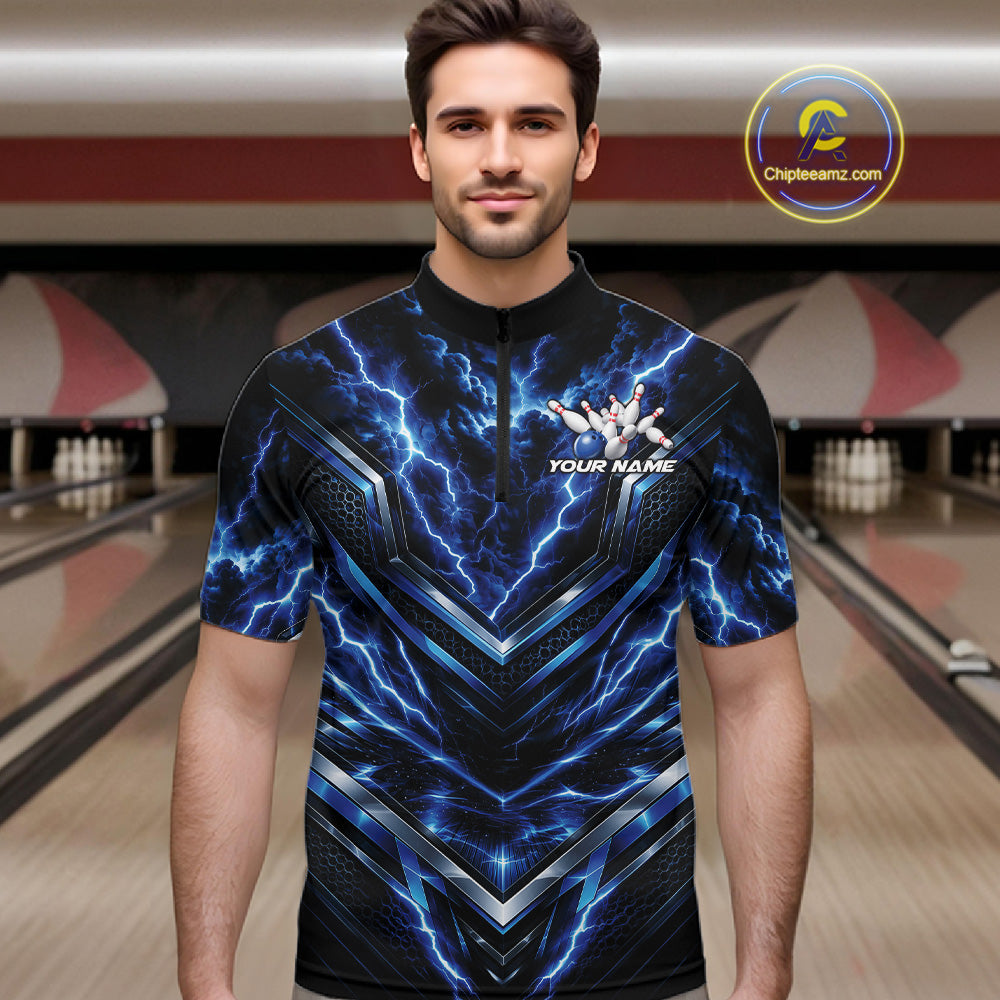 Custom Blue Lightning Bowling Team Men Quarter Zip Shirt, Matching Bowling League Shirt IPHW12334